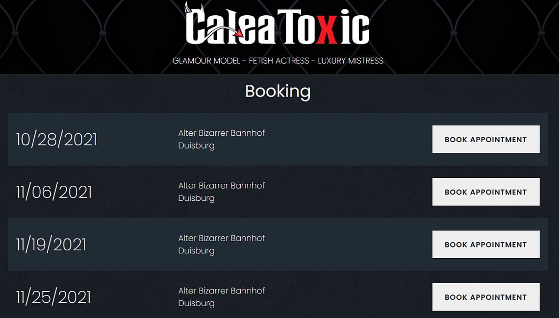 Fetisjkunst en ontvangstdatums van Meesteres Calea Toxic Fetisjkunst