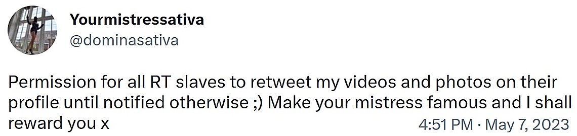 Meesteres Sativa's oproep op Twitter Meesteres Sativa