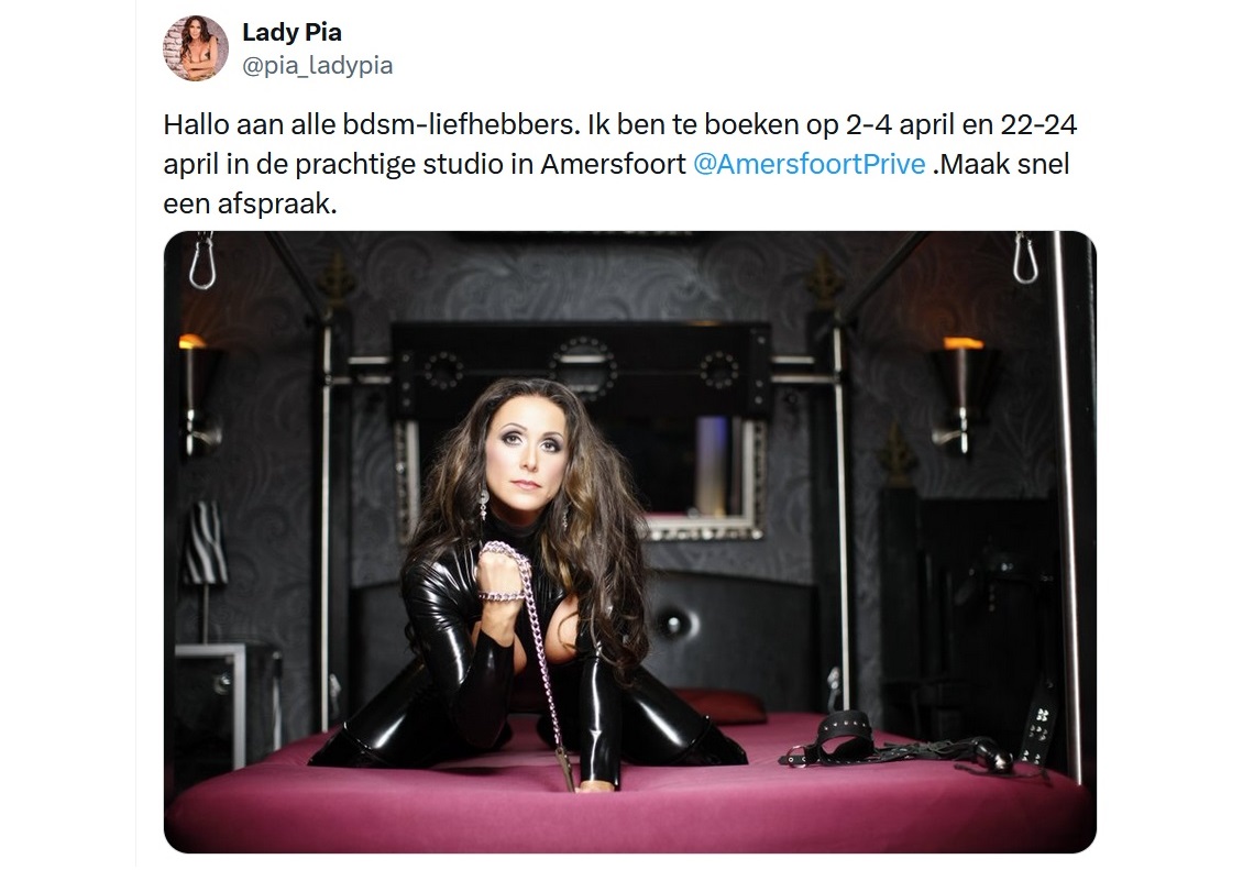 De officiële aankondiging van Lady Pia dat zij in 6 dagen in april te Amersfoort Privé ontvangt. Lady Pia Amersfoort