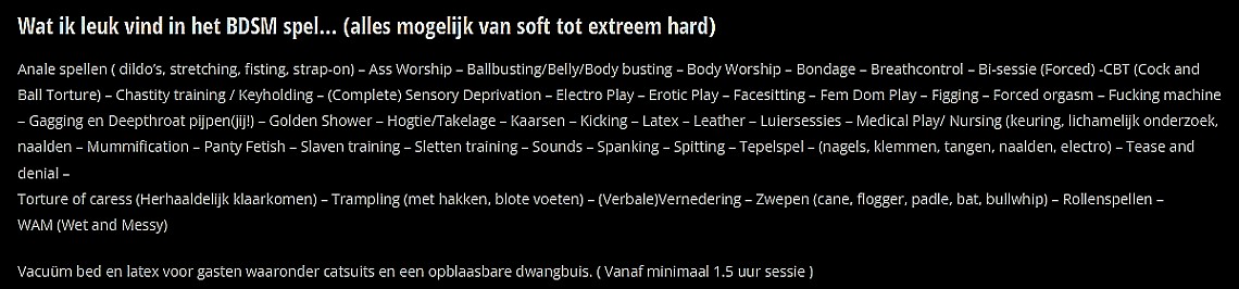 De diensten tevens favobezigheden van Meesteres Do Meesteres Do