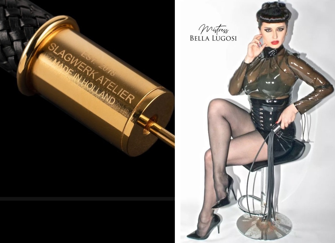 Mooie handvaten op de BDSM-zwepen van het Slagwerk Atelier en Mrs Bella Lugosi die ze hanteert BDSM-zwepen