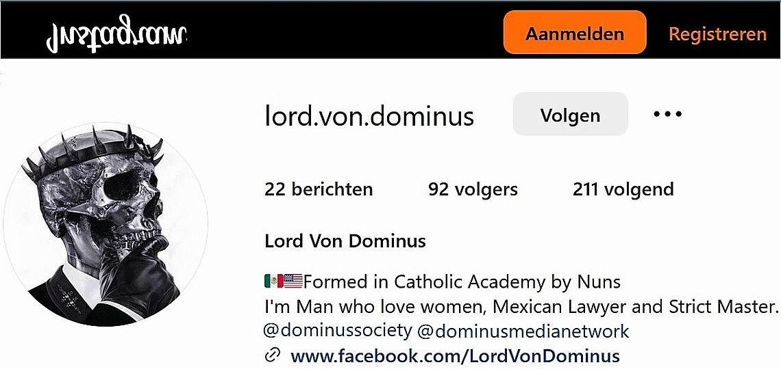 Een van de accounts van Lord Von Dominus op Insta Lord Von Dominus