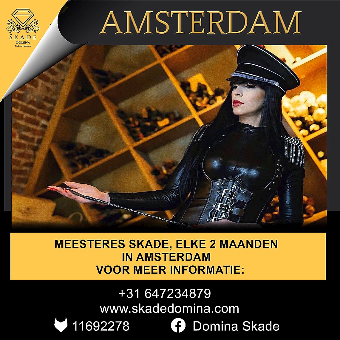 De contactgegevens van Domina Skade voor tijdens haar verblijf in Amsterdam Domina Skade Amsterdam