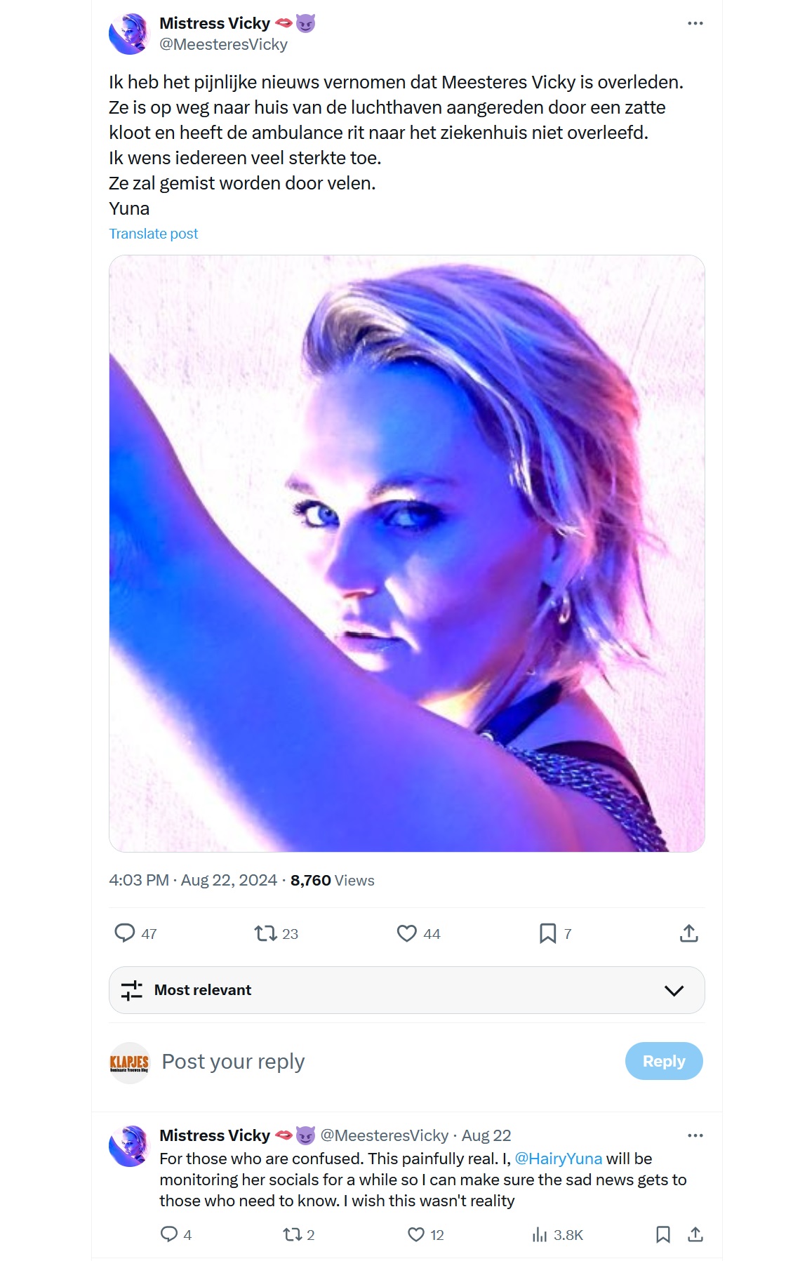 Het bericht van 22-8 met daarin het nieuws dat Meesteres Vicky is verongelukt. Meesteres Vicky verongelukt