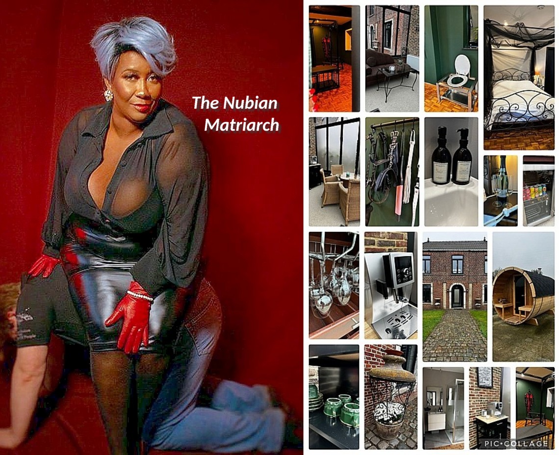 Madame Caramel met rechts van haar een fotocollectie van de site BDSM Hotel BDSM Hotel