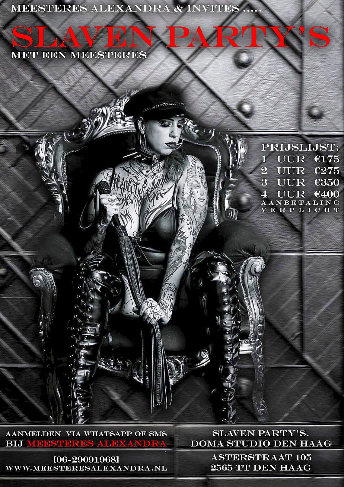 De actuele flyer van Meesteres Alexandra's slavenpartij te Doma Studio Den Haag slavenparty Den Haag