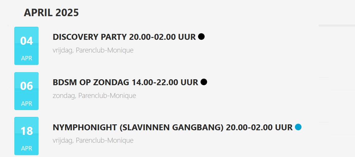 BDSM events bij Parenclub Monique in april 2025 BDSM Parenclub Monique
