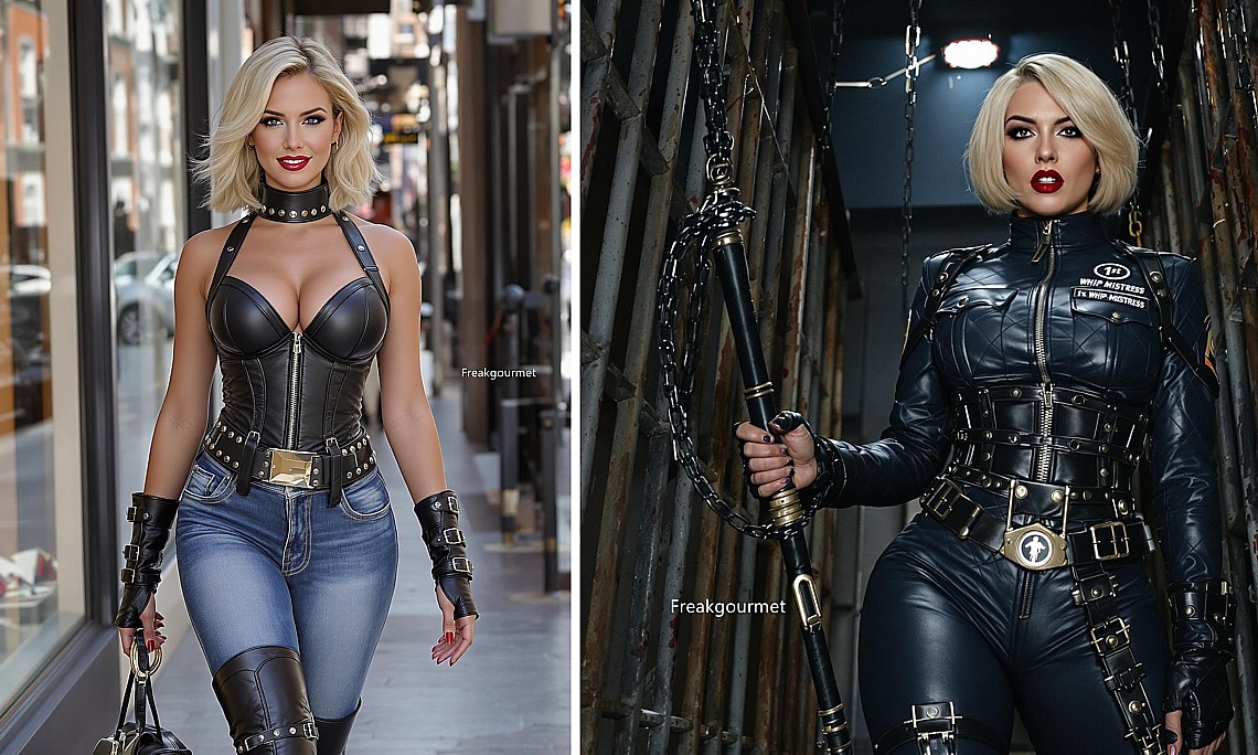 Twee plaatjes van AI fetisjaccount Freakgourmet. Overigens zijn er ook donkerharigen eh... AI-modellen AI Fetisjaccount