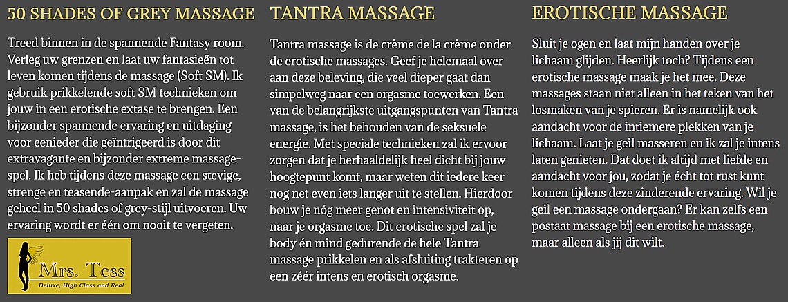 De drie speciale massages van Meesteres Tess op rij. Tess Massages