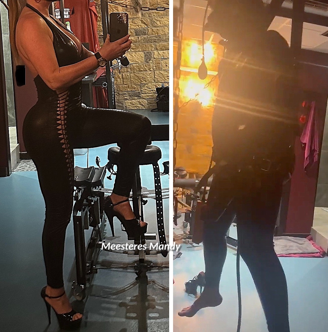 De schitterende Meesteres Mandy en een van haar slaven/slavinnen hangend in de lucht aan de melkmachine. Meesteres Mandy melkmachine