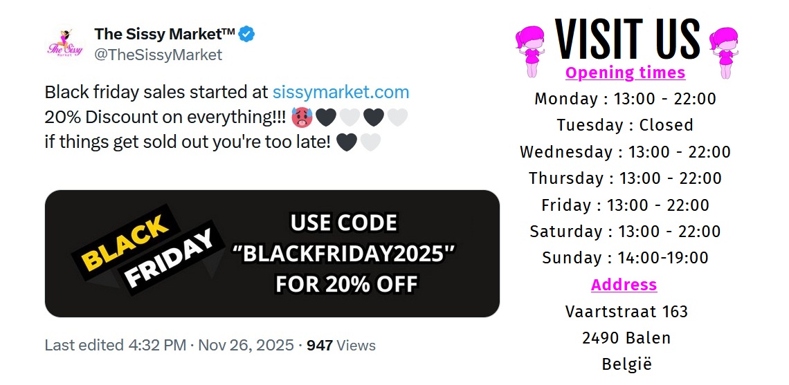 Online of in real life shoppen tijdens de Black Friday-periode van The Sissy Market™ Black Friday sissy
