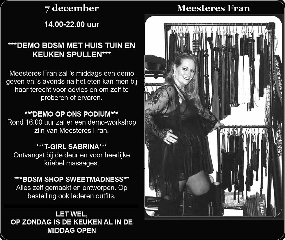 vrijdag 5 en zondag 7 decmeber is het BDSM-weekend bij Parenclub Monique bdsm-weekend